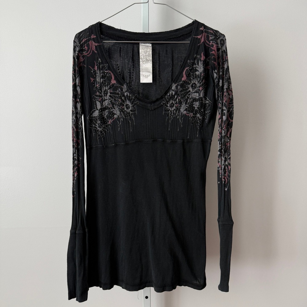 Y2K Crash & Burn M Black‎ Bling V-Neck Graphic Grunge Top 90s Whimsigoth